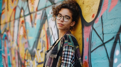 Young woman in glasses leans against a graffiti wall