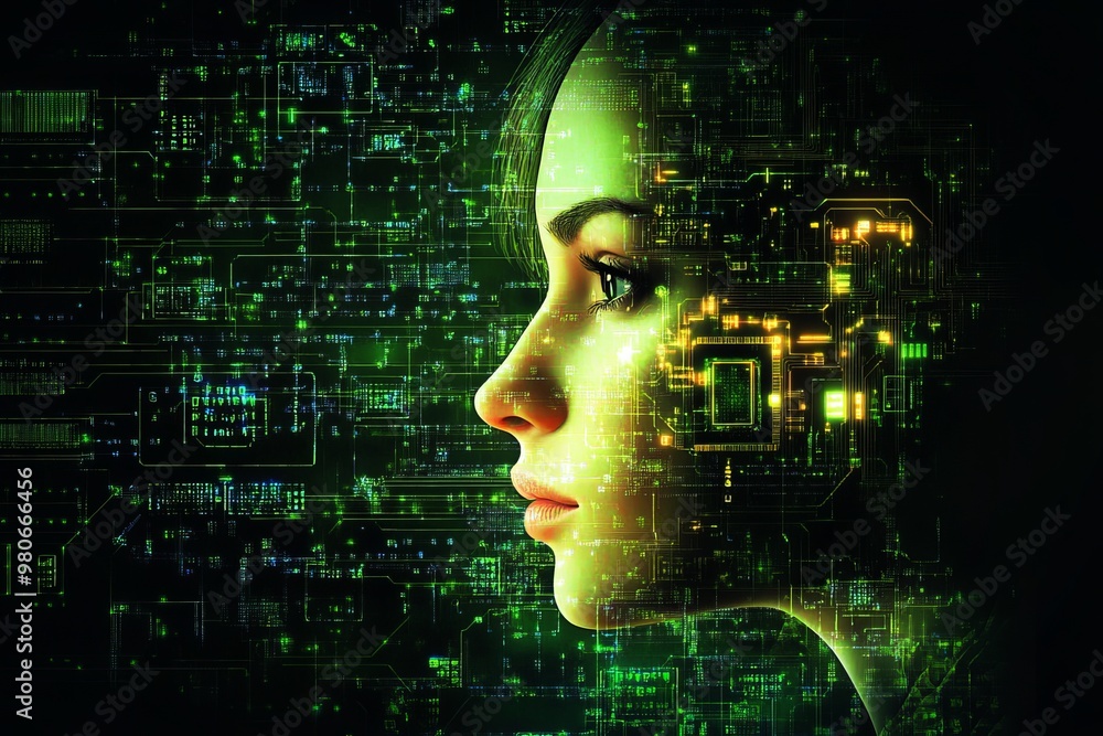 Abstract side profile of a womans face with glowing neural circuits symbolizing the role of artificial intelligence in enhancing human cognition through advanced neural technology Abstract side profile of a womans face with glowing neural circuits symbolizing the role of artificial intelligence in enhancing human cognition through advanced neural technology