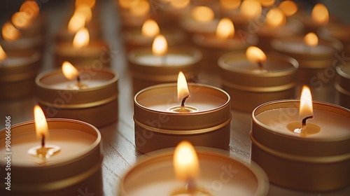 Miniature candles cast in gold tins. Generative AI.