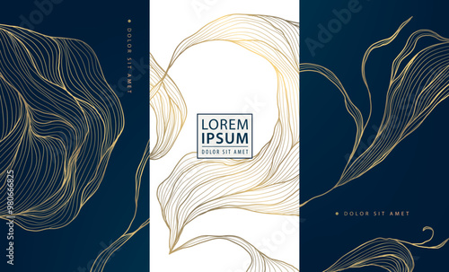 Vector set of floral line luxury labels, art deco floral gold design ornaments. Wine, coffee, chocolate, perfume or jewelry package, vintage elegant borders