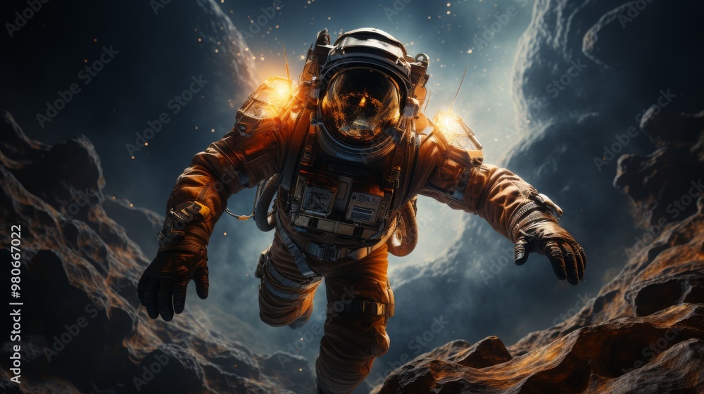 Fototapeta premium Astronaut floats in the vastness of outer space during a mission in zero gravity