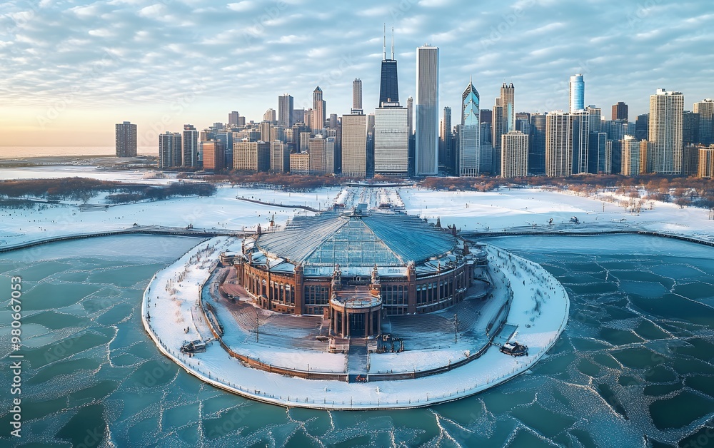 Fototapeta premium A snowy cityscape with a large building on an island in the foreground. The city skyline is visible in the background.