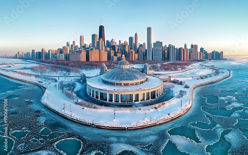A snowy cityscape with a domed building in the foreground and a frozen lake.