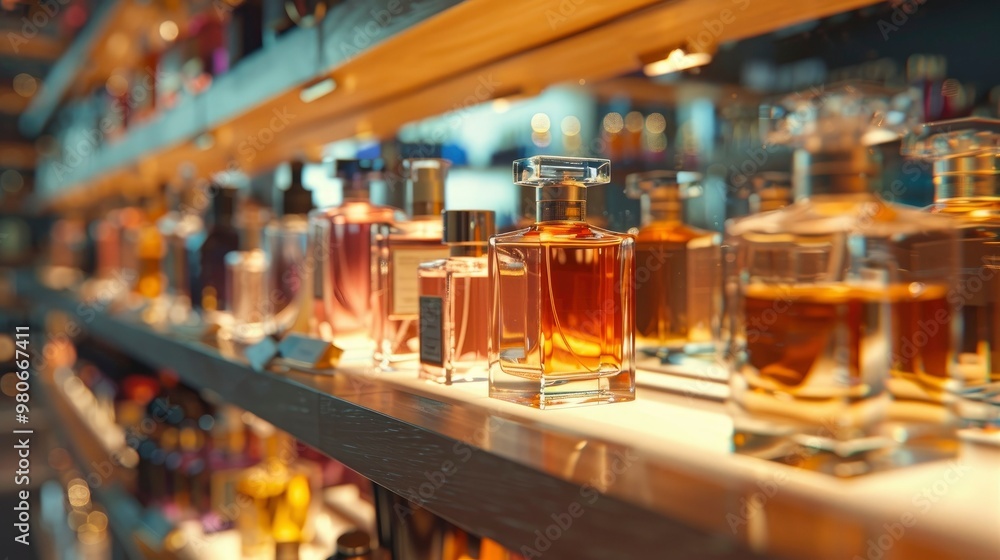 A display of elegant perfumes in a department store. A display of elegant perfumes in a department store.