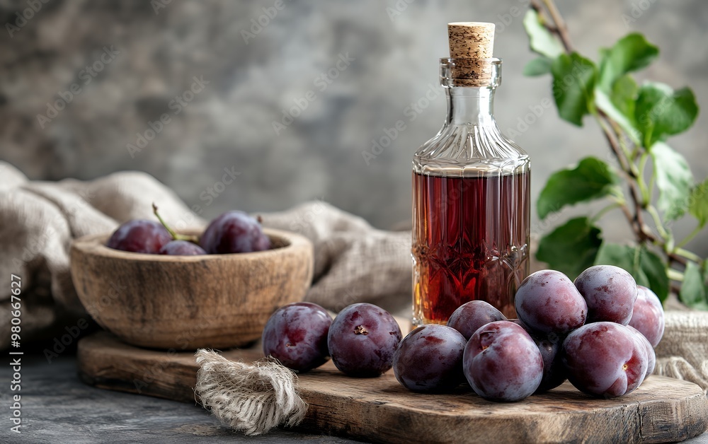 A bottle of plum liqueur with fresh plums on a rustic wooden board. The rich, dark color of the liqueur is a perfect match for the deep purple of the plums. A bottle of plum liqueur with fresh plums on a rustic wooden board. The rich, dark color of the liqueur is a perfect match for the deep purple of the plums.