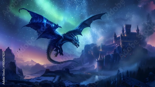 A blue dragon flying over a castle in a fantasy world