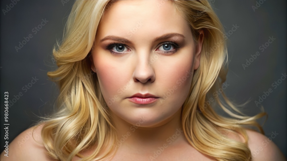 A neutral expression adorns the round face of a blonde woman, her hair pulled back to reveal a A neutral expression adorns the round face of a blonde woman, her hair pulled back to reveal a
