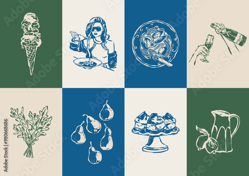 Minimal Italian cuisine vector illustration collection. Food and beverages doodles.