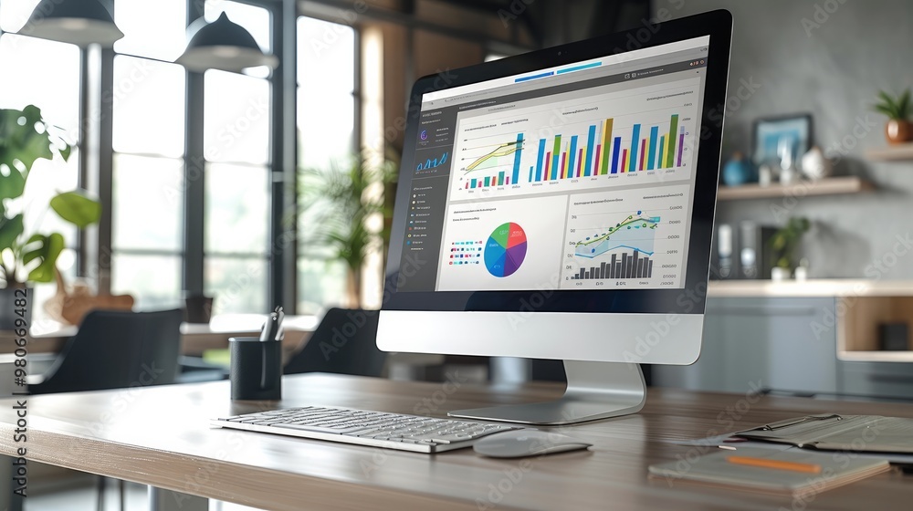 Naklejka premium A sleek computer on a desk displaying colorful charts and graphs, set in a clean, modern office space. Generative AI.