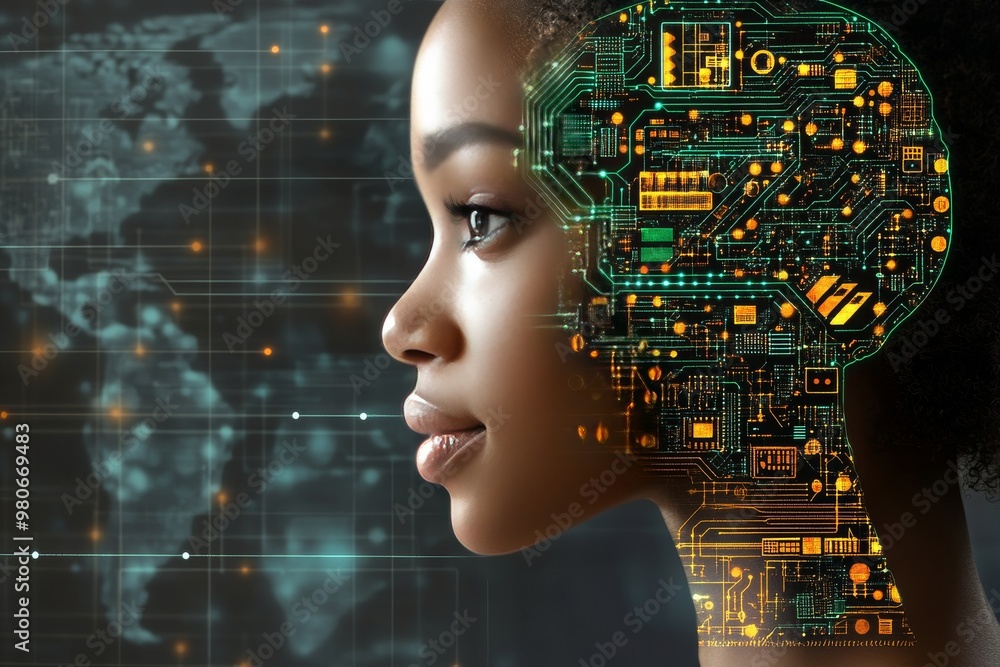 Profile of a young woman with digital circuitry overlay on her head symbolizing the convergence of human intelligence and artificial neural systems in a tech driven society Profile of a young woman with digital circuitry overlay on her head symbolizing the convergence of human intelligence and artificial neural systems in a tech driven society
