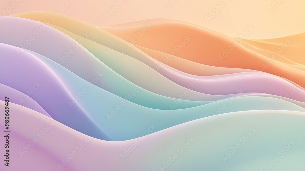 Obraz premium Abstract gradient background with soft waves of pastel lavender, peach, and mint green