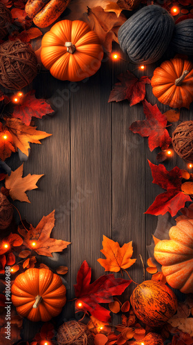 Autumn-themed vertical sale banner with copyspace in the center for texr, perfect for seasonal advertisements or fall promotions. Wooden textured background adds warm, rustic feel to composition. photo