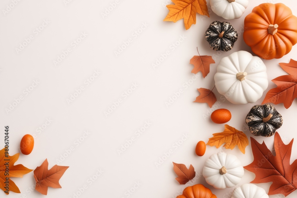 Fototapeta premium A beautiful arrangement of pumpkins and autumn leaves ideal for seasonal decorations and culinary inspirations.