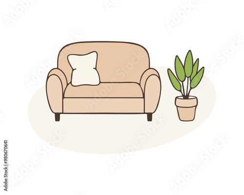 Sofa with pillows and an indoor flower in pot, cozy home interior, flat design in beige colors. Hand drawn outline drawing. Vector illustration