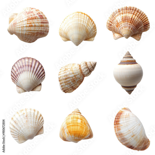 Assortment of various seashells including scallops cockles and conches arranged in a natural pattern on a plain white background