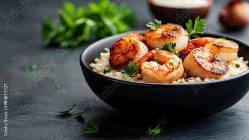 Gourmet, steamy seafood risotto with juicy shrimp and scallops, topped with fresh herbs and a light parmesan drizzle, juicy food, creamy texture, rich flavors photo