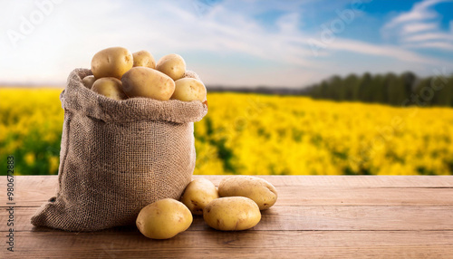 young potatoes in burlap bag on wooden table with blooming agricultural field on the background photo