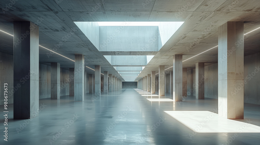 A modern underground space that was once used for storing sand, with a concrete ceiling supported by square columns. The floor is made of durable concrete. Generative AI. A modern underground space that was once used for storing sand, with a concrete ceiling supported by square columns. The floor is made of durable concrete. Generative AI.