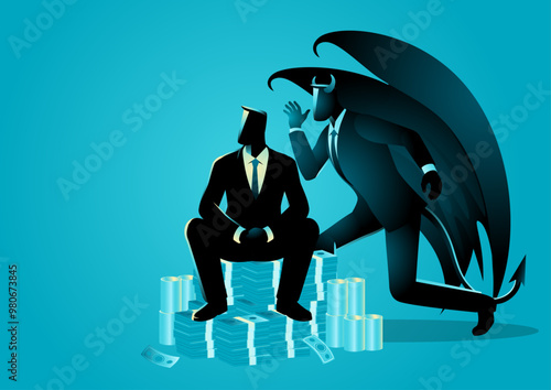 Businessman sitting on a stack of money, Satan tempts you when you are successful and hold a lot of money