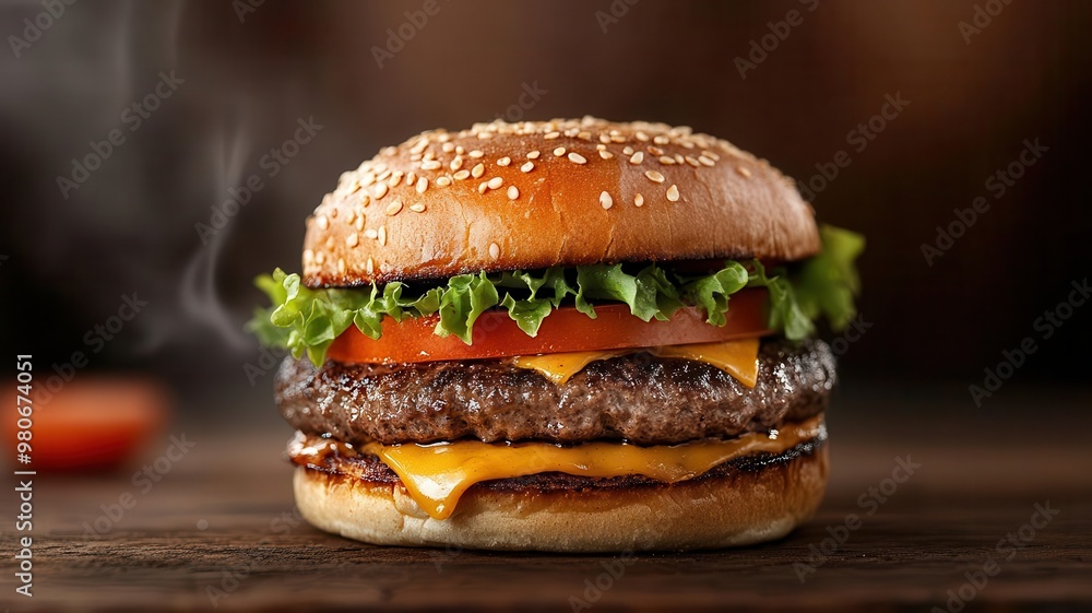 Steamy, freshly cooked juicy burger dripping with melted cheese, surrounded by fresh lettuce, tomato, and sesame bun, juicy food, comfort food, mouthwatering meal