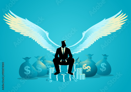 Angelic businessman sitting on a pile of money, surrounded by bags of cash. Symbolizes the concept of an angel investor, representing financial support and investment opportunities