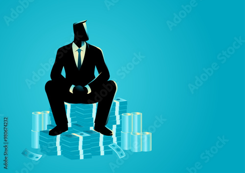 Businessman confidently sitting on a tall stack of money, symbolizing wealth, financial success, and power. Idea for entrepreneurship, investment, economic growth, or business achievements contents