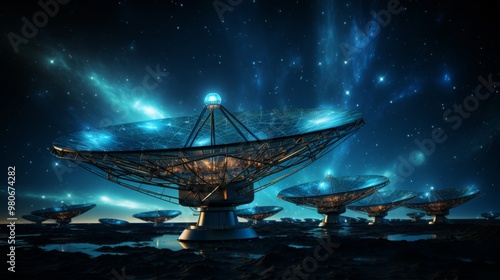 Array of satellite dishes collecting data under a stunning starry sky at night