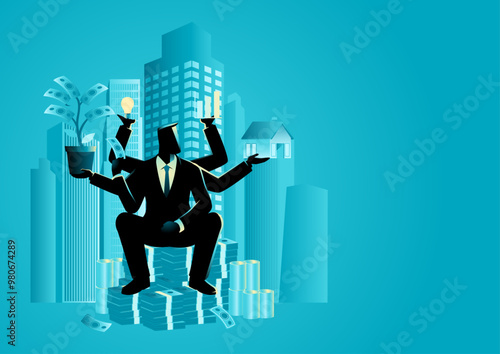 Businessman with multiple arms confidently sitting on a tall stack of money, symbolizing wealth, financial success, and power. Idea for entrepreneurship, investment, business tycoon, or mogul