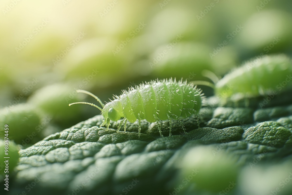 Naklejka premium Close-Up of a Vibrant Green Caterpillar on Leaf, Showcasing Intricate Details and Natural Beauty in a Lush Green Environment
