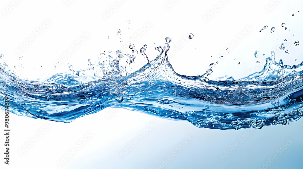 Water Splashes and Creates a Curved Wave with Air Bubbles on a White Background Water Splashes and Creates a Curved Wave with Air Bubbles on a White Background