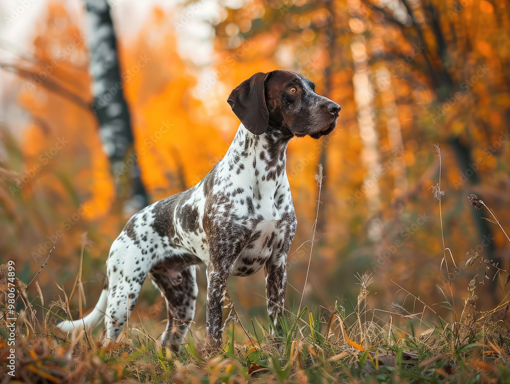 An elegant hunting dog stands warily in a sunlit fall forest with golden leaves and soft bokeh in the background.hunting season concept An elegant hunting dog stands warily in a sunlit fall forest with golden leaves and soft bokeh in the background.hunting season concept