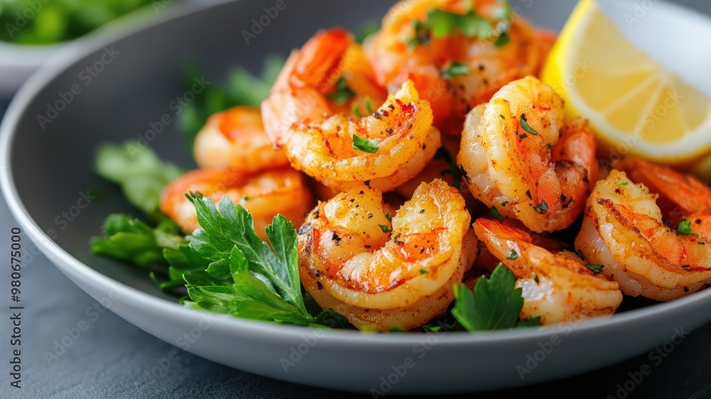 Juicy, succulent fried shrimp in a light, crispy batter, served with lemon wedges and fresh greens, juicy food, seafood delight, crunchy bite Juicy, succulent fried shrimp in a light, crispy batter, served with lemon wedges and fresh greens, juicy food, seafood delight, crunchy bite