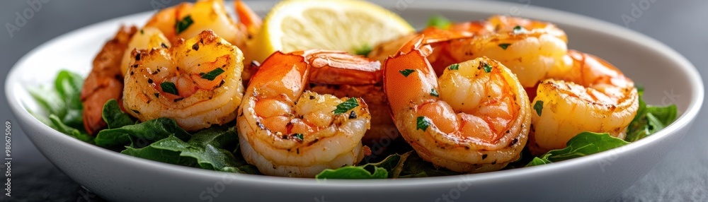 Juicy, succulent shrimp coated in a tangy lemon-garlic sauce, served on a bed of fresh greens, juicy food, seafood delight, zesty taste Juicy, succulent shrimp coated in a tangy lemon-garlic sauce, served on a bed of fresh greens, juicy food, seafood delight, zesty taste