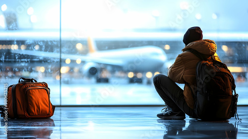 A lone traveler sits on the floor of an airport terminal, gazing out the window at a plane on the tarmac, waiting for their flight. The warm glow of the sunset illuminates the scene