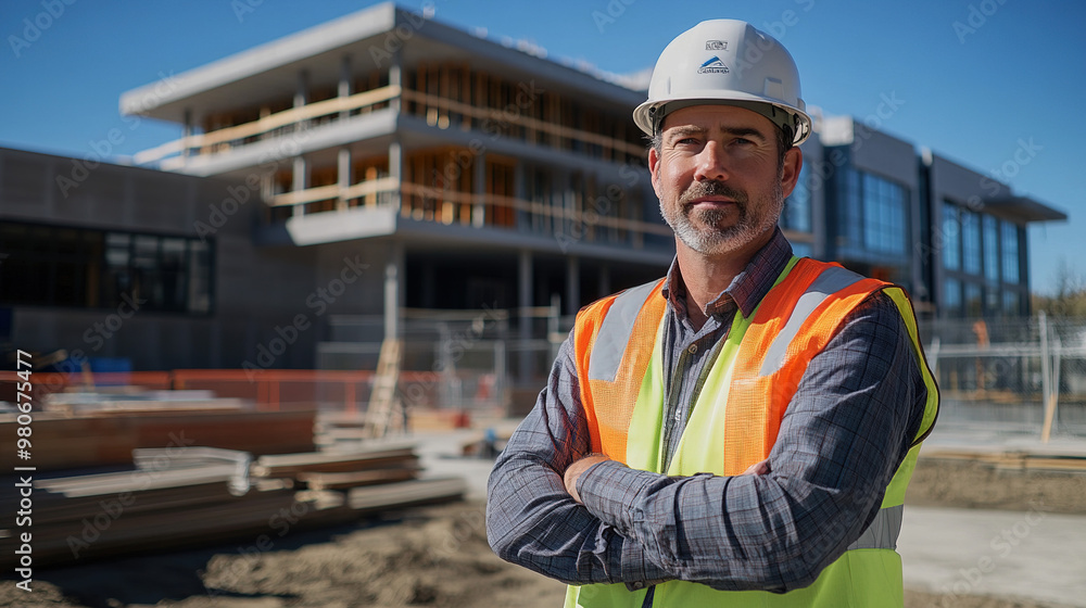 A male worker smiling, wearing a high visibility safety vest and hard hat with a blurred factory warehouse in the background. A male worker smiling, wearing a high visibility safety vest and hard hat with a blurred factory warehouse in the background.