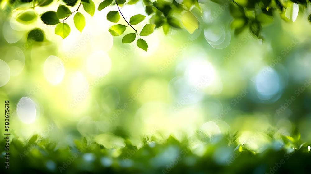 Abstract Green Background with Leaves and Bokeh Lights for Nature Themed Designs Abstract Green Background with Leaves and Bokeh Lights for Nature Themed Designs
