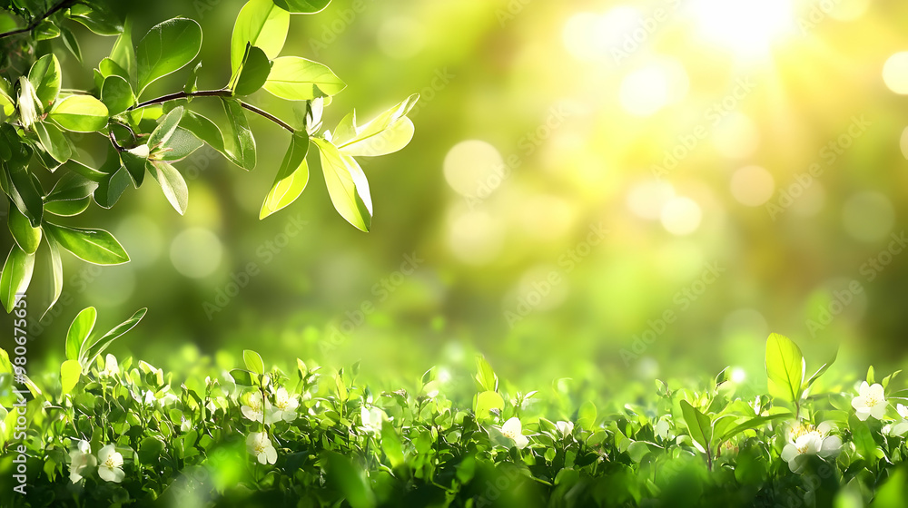 Green Leaves and White Flowers in a Blurred Green and Yellow Background Green Leaves and White Flowers in a Blurred Green and Yellow Background