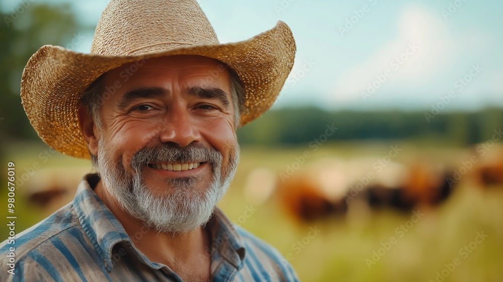 Fototapeta premium A man wearing a straw hat and smiling in front of a herd of cows. Concept of happiness and contentment, as the man is enjoying his time in the countryside