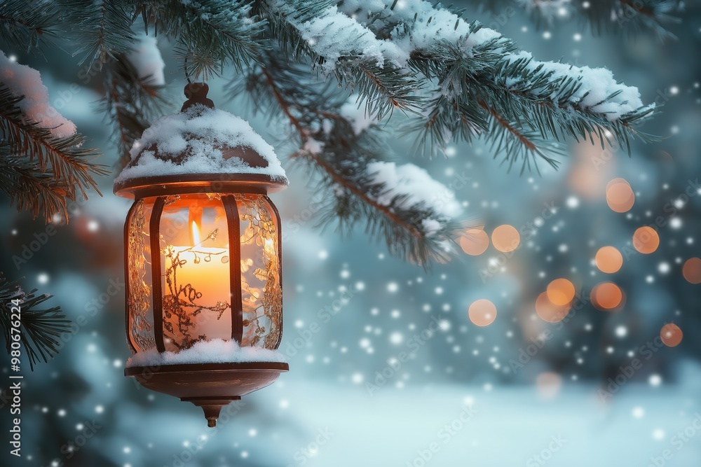 A candle is lit in a lantern hanging from a tree branch. The lantern is surrounded by snow, creating a serene and peaceful atmosphere. Concept of warmth and comfort A candle is lit in a lantern hanging from a tree branch. The lantern is surrounded by snow, creating a serene and peaceful atmosphere. Concept of warmth and comfort