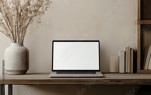 A laptop with a blank screen sits on a wooden desk, ready for work or creativity.  A vase of dried flowers sits on the left side of the desk, adding a touch of natural elegance.