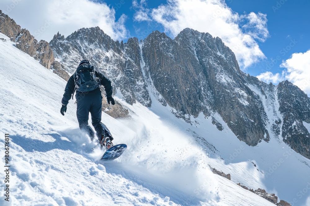 A person snowboarding down a snowy slope with mountains in the background. A person snowboarding down a snowy slope with mountains in the background.
