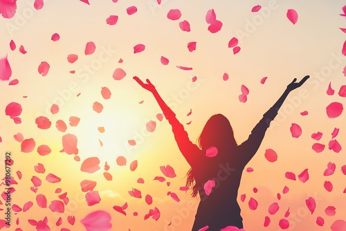 Silhouette of a woman with arms raised, surrounded by pink petals, against a sunset background.