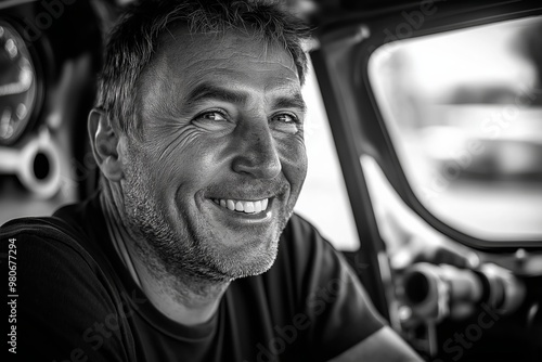 A man with a big smile on his face is sitting in a car. He is wearing a black shirt and he is happy