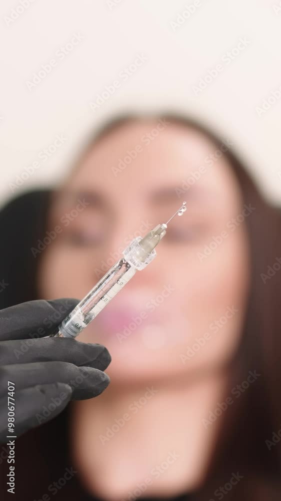 Vertical video. Close-up of a cosmetologist carefully injecting filler into a client’s lips for augmentation. This scene highlights the precision and attention to detail in enhancing lip volume Vertical video. Close-up of a cosmetologist carefully injecting filler into a client’s lips for augmentation. This scene highlights the precision and attention to detail in enhancing lip volume