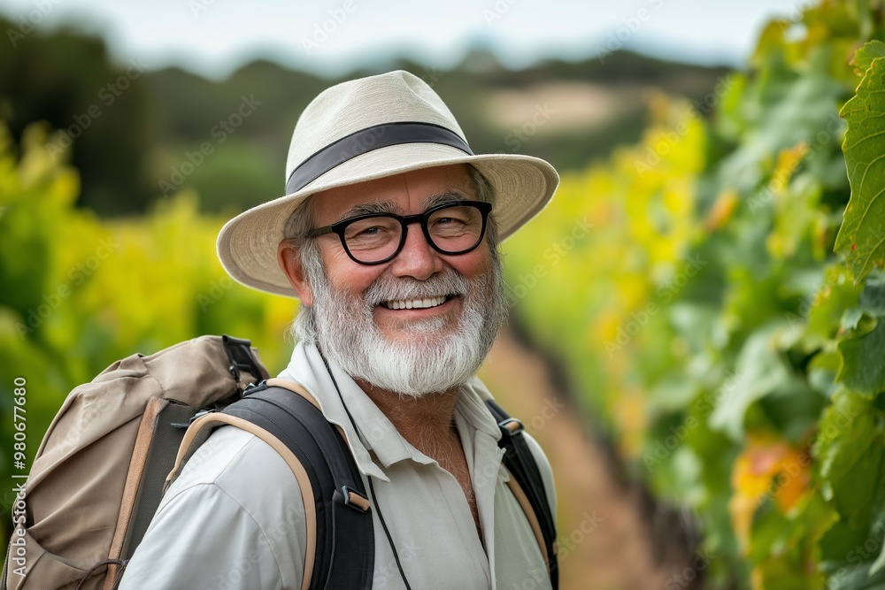 A man wearing a hat and glasses is smiling and posing for a picture. He is carrying a backpack and he is enjoying his time outdoors A man wearing a hat and glasses is smiling and posing for a picture. He is carrying a backpack and he is enjoying his time outdoors