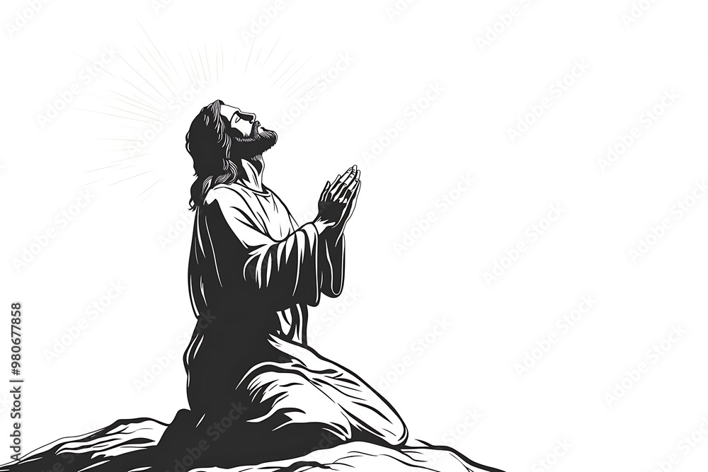 Fototapeta premium Illustration of Jesus Christ kneeling in prayer with a radiant sun halo behind him, symbolizing faith, spirituality, and devotion. 