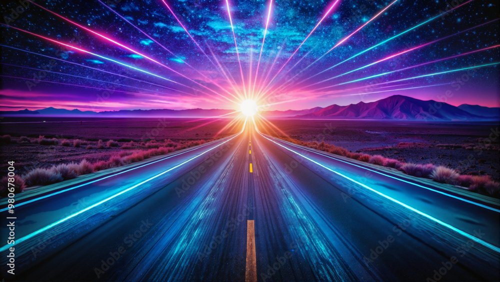 Obraz premium Neon-Lit Highway Stretching into Vibrant Horizon Under Starry Night Sky