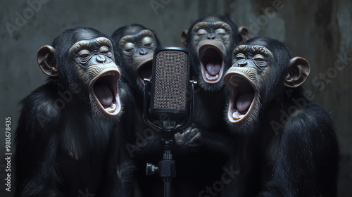 Four monkeys loudly sing or scream into a microphone in a dark room. The microphone is centered, with the monkeys positioned around it