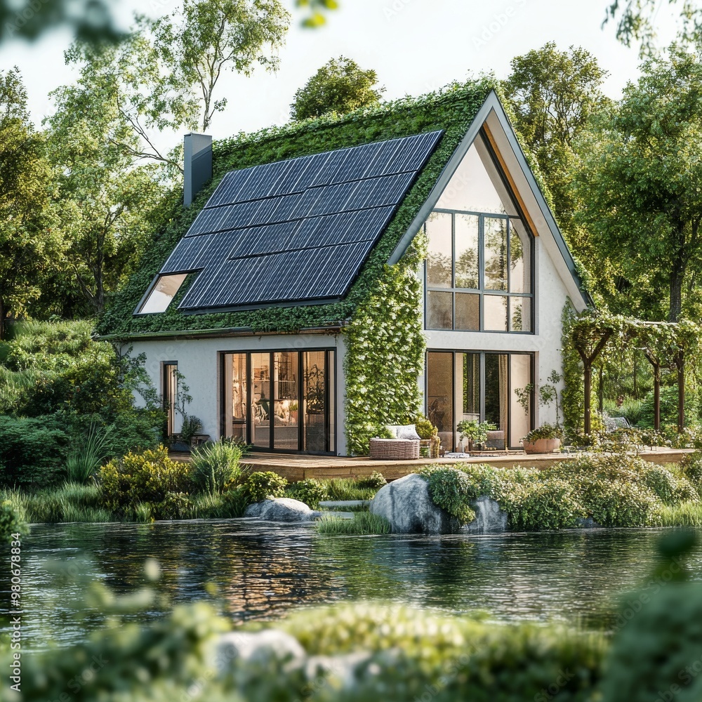 Fototapeta premium Modern eco-friendly home with solar panels and a green roof, surrounded by lush greenery and a pond.