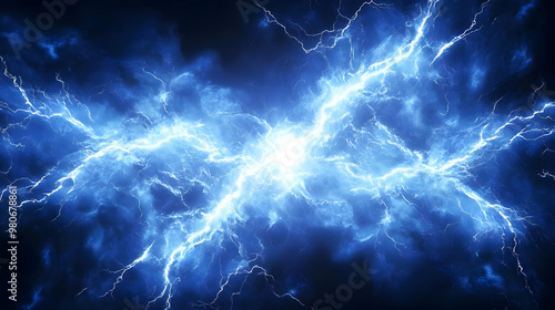 Abstract Blue Lightning Storm Digital Art Background with White Lightning Bolts